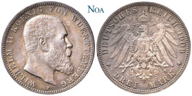 REICHSSILBERMÜNZEN WÜRTTEMBERG
Wilhelm II., 1891-1918. 3 Mark 1908 F Stuttgart J. 175. Herrliche Tönung, fast Stempelglanz
