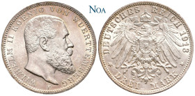 REICHSSILBERMÜNZEN WÜRTTEMBERG
Wilhelm II., 1891-1918. 3 Mark 1913 F Stuttgart J. 175. Feine Tönung, vorzüglich-Stempelglanz