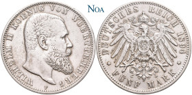 REICHSSILBERMÜNZEN WÜRTTEMBERG
Wilhelm II., 1891-1918. 5 Mark 1894 F Stuttgart Auflage: 20.000 Exemplare. J. 176. Selten. Berieben, gutes sehr schön...