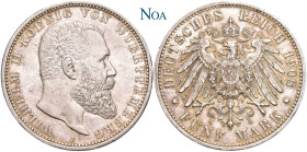 REICHSSILBERMÜNZEN WÜRTTEMBERG
Wilhelm II., 1891-1918. 5 Mark 1908 F Stuttgart J. 176. Feine Tönung, gutes vorzüglich