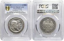 REICHSSILBERMÜNZEN WÜRTTEMBERG
Wilhelm II., 1891-1918. 3 Mark 1911 F Stuttgart Zur Silbernen Hochzeit von Wilhelm und Charlotte am 8.4.1911. Die Aufl...