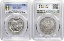 REICHSSILBERMÜNZEN WÜRTTEMBERG
Wilhelm II., 1891-1918. 3 Mark 1911 F Stuttgart Zur Silbernen Hochzeit von Wilhelm und Charlotte am 8.4.1911. J. 177 a...