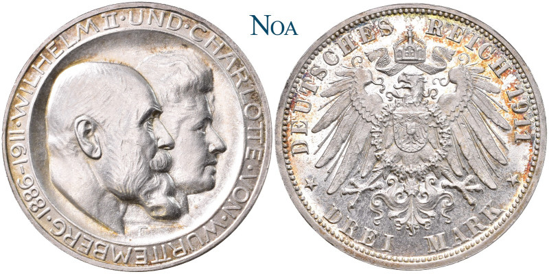 REICHSSILBERMÜNZEN WÜRTTEMBERG
Wilhelm II., 1891-1918. 3 Mark 1911 F Stuttgart ...