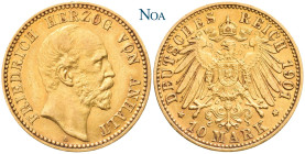 REICHSGOLDMÜNZEN ANHALT
Friedrich I., 1871-1904. 10 Mark 1901 A Berlin Zum 70. Geburtstag des Herzogs. Auflage: 20.000 Exemplare. J. 180. Sehr schön-...