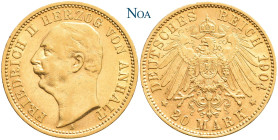 REICHSGOLDMÜNZEN ANHALT
Friedrich II., 1904-1918. 20 Mark 1904 A Berlin Auflage: 25.000 Exemplare. J. 182. Fast vorzüglich