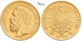 REICHSGOLDMÜNZEN BADEN
Friedrich I., 1852-1907. 20 Mark 1872 G Karlsruhe J. 184. Druckstelle, sehr schön