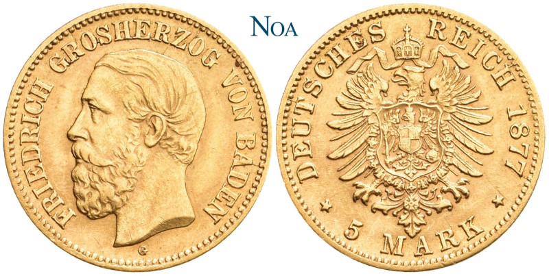 REICHSGOLDMÜNZEN BADEN
Friedrich I., 1852-1907. 5 Mark 1877 G Karlsruhe J. 185....