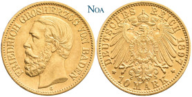 REICHSGOLDMÜNZEN BADEN
Friedrich I., 1852-1907. 10 Mark 1897 G Karlsruhe J. 188. Vorzüglich