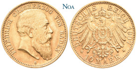 REICHSGOLDMÜNZEN BADEN
Friedrich I., 1852-1907. 10 Mark 1907 G Karlsruhe J. 190. Feine Tönung, vorzüglich