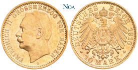 REICHSGOLDMÜNZEN BADEN
Friedrich II., 1907-1918. 10 Mark 1910 G Karlsruhe J. 191. Fast Stempelglanz