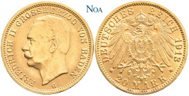 REICHSGOLDMÜNZEN BADEN
Friedrich II., 1907-1918. 20 Mark 1913 G Karlsruhe Auflage: 85.374 Exemplare. J. 192. Vorzüglich-Stempelglanz