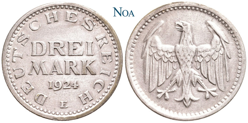 WEIMARER REPUBLIK
 3 Mark 1924 E Muldenhütten Kursmünze. J. 312. Feine Tönung, ...