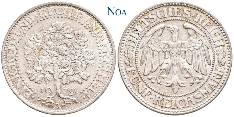 WEIMARER REPUBLIK
 5 Reichsmark 1929 A Berlin Eichbaum. J. 331. Vorzüglich