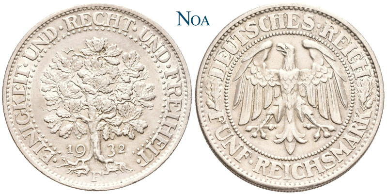 WEIMARER REPUBLIK
 5 Reichsmark 1932 F Stuttgart Eichbaum. J. 331. Gutes vorzüg...