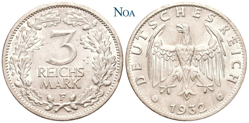 WEIMARER REPUBLIK
 3 Reichsmark 1932 F Stuttgart Kursmünze. J. 349. Vorzüglich...