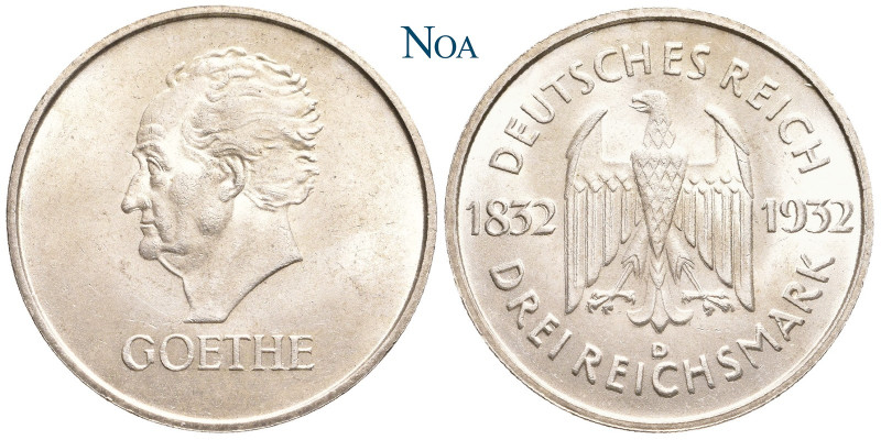 WEIMARER REPUBLIK
 3 Reichsmark 1932 D München Zum 100. Todestag von Johann Wol...