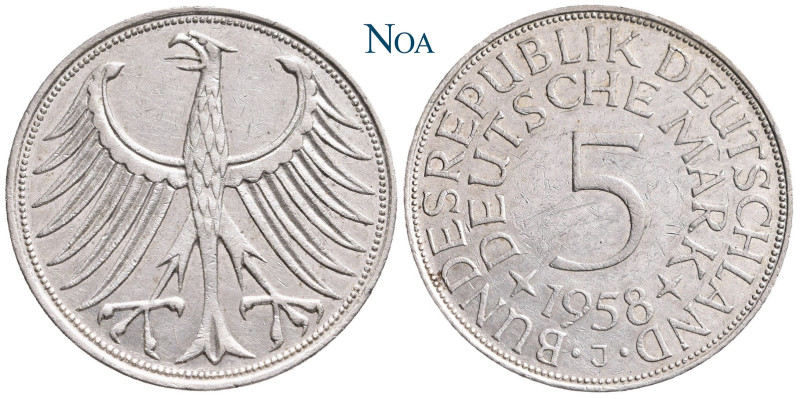 BRD
 5 Deutsche Mark 1958 J Hamburg Kursmünze, Silberadler. Auflage: 60.000 Exe...