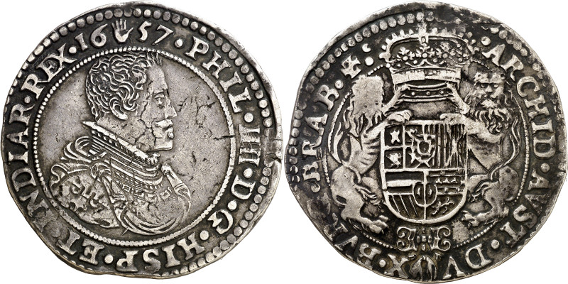 1657. Felipe IV. Amberes. 1 ducatón. (Vti. 1245) (Vanhoudt 642.AN). 32,36 g. MBC...