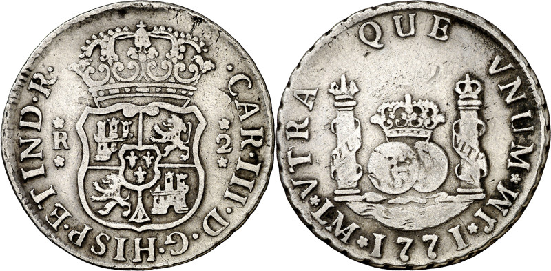 1771. Carlos III. Lima. JM. 2 reales. (AC. 581). Columnario. Sin punto sobre la ...