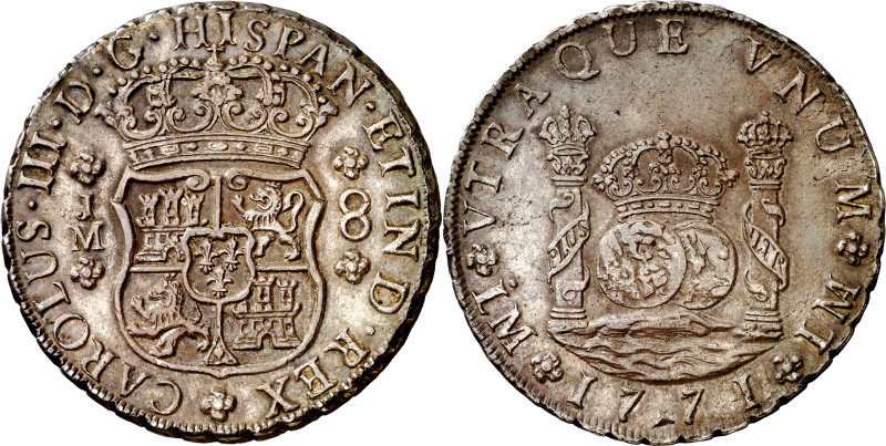 1771. Carlos III. Lima. JM. 8 reales. (AC. 1032). Columnario. Pátina. Bella. Bri...