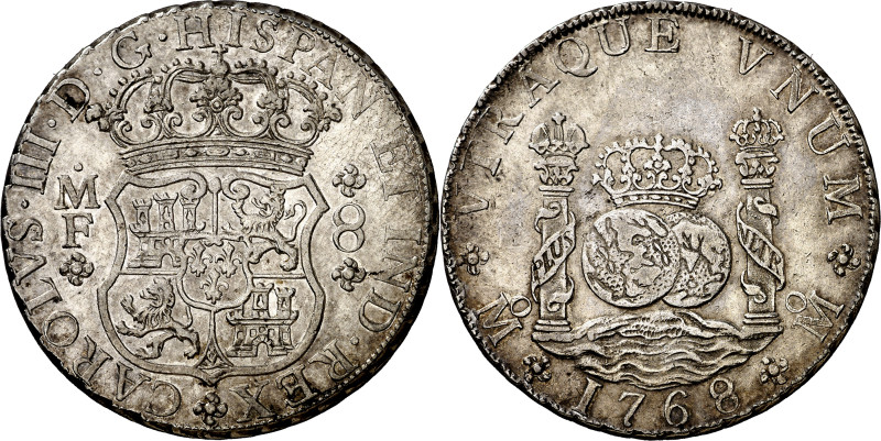 1768. Carlos III. México. MF. 8 reales. (AC. 1094). Columnario. Leves marquitas....