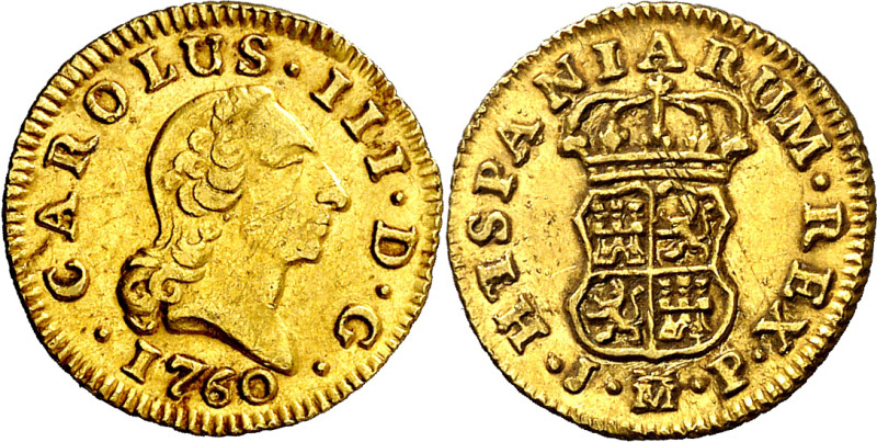 1760. Carlos III. Madrid. JP. 1/2 escudo. (AC. 1242). Corona lisa. 1,78 g. EBC-....