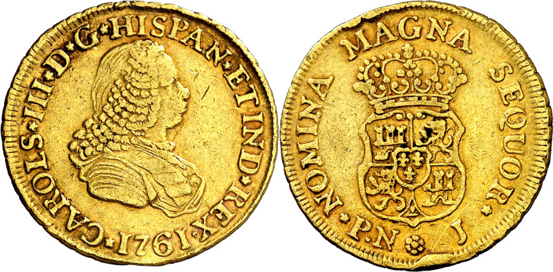 1761. Carlos III. Popayán. J. 2 escudos. (AC. 1671) (Restrepo 56-3). Busto de Fe...