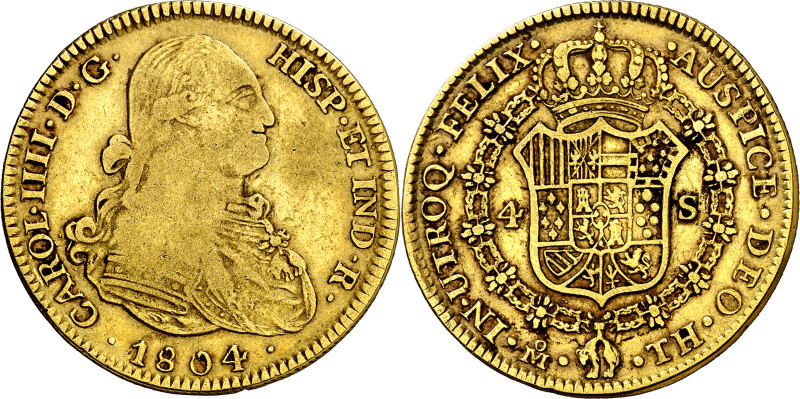 1804. Carlos IV. México. TH. 4 escudos. (AC. 1502). Escasa. 13,31 g. MBC-/MBC.
...