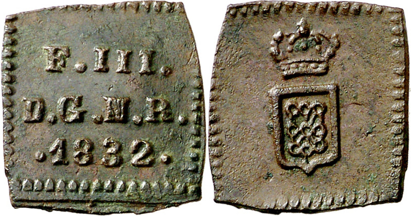 1832. Fernando VII. Pamplona. 1/2 maravedí. (AC. 30). Cospel cuadrado. 1,01 g. M...