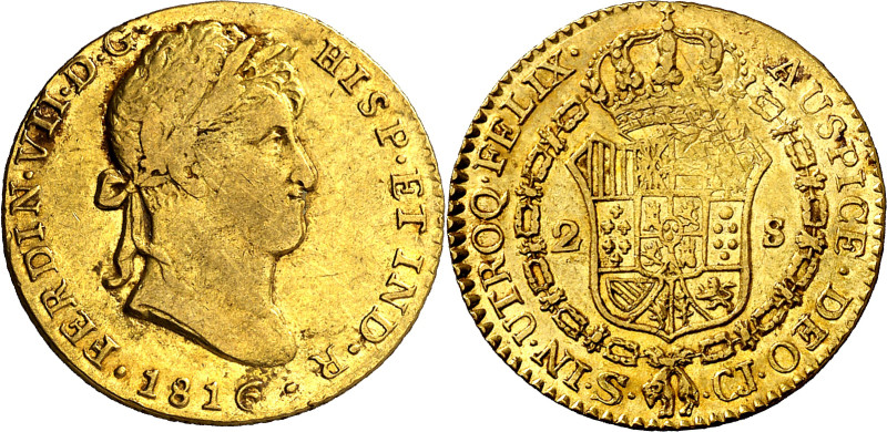 1816. Fernando VII. Sevilla. CJ. 2 escudos. (AC. 1670). 6,77 g. MBC/MBC+.

181...