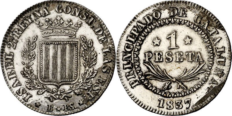 1837. Isabel II. Barcelona. PS. 1 peseta. (AC. 272). Leves sombras. Bella. Rara ...