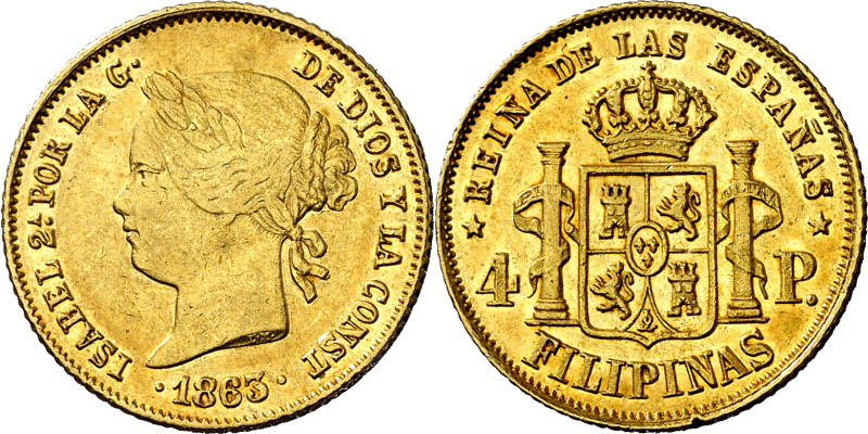 1863. Isabel II. Manila. 4 pesos. (AC. 856). Parte de brillo original. Rara así....