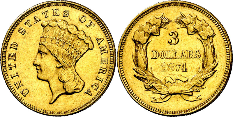 Estados Unidos. 1874. Filadelfia. 3 dólares. (Fr. 124) (KM. 84). Muy escasa. AU....