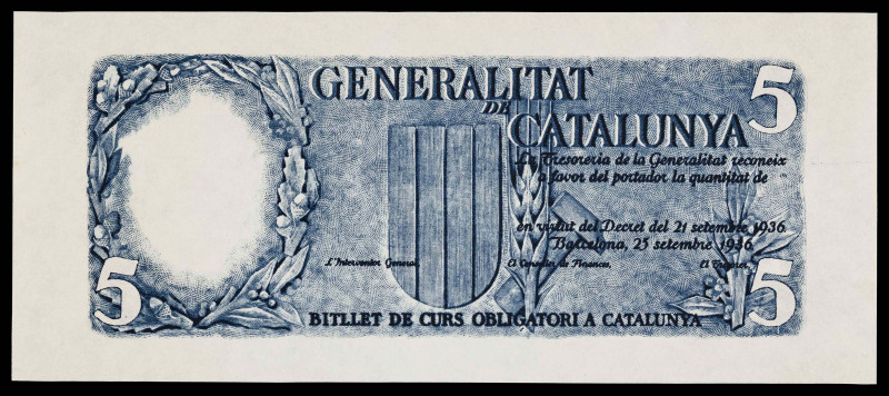 1936. Generalitat de Catalunya. 5 pesetas. 25 de septiembre. Prueba de anverso y...