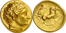 Imperio Macedonio. Filipo II (359-336 a.C.). Anfípolis. Estátera de oro. (S. 6663 var) (CNG. III, 845). Muy bella. Rara así. 8,55 g. EBC+.

Macedoni...