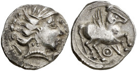 Kum. Dracma ibérica de imitación emporitana. (FAB. 1157 var) (ACIP. 393) (A.N. 36, pág. 45, nº 11, mismo ejemplar). Bella. Ex Colección Ramon Muntaner...