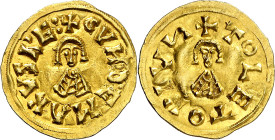 Gundemaro (610-612). Toleto (Toledo). Triente. (CNV. 192.3 var) (R.Pliego 224d). Bella. Rara. 1,47 g. EBC-.

Gundemar (610-612). Toleto (Toledo). Tr...