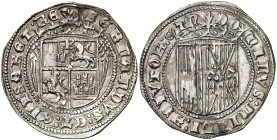 Reyes Católicos. Burgos. 1 real. (AC. 294). Anterior a la Pragmática. La I de ADIVTOR rectificada sobre una V. Muy bella. Ex Colección Isabel de Trast...