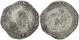 Reyes Católicos. Burgos. 8 reales. (AC. 569, mismo ejemplar, indica punto como marca por error). 8 sobre yugo y flechas, B debajo y a izquierda. El 8 ...