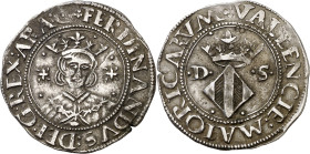 s/d. Carlos I. Dénia. 1 ral. (AC. 63, mismo ejemplar, indica RRR sin precio) (Cru.C.G. 4152a). A nombre de Ferran II. Atractiva. Preciosa pátina. Ex Á...