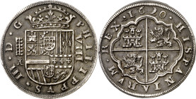 1620. Felipe III. Segovia. . 8 reales. (AC. 950). Tres flores de lis en las armas de Borgoña. Bella. Rara. 27,38 g. EBC/EBC+.

1620. Felipe III. Seg...