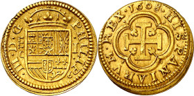 * 1608. Felipe III. Segovia. C. 1 escudo. (AC. 1016). El 8 de la fecha sobre otro 8. Muy bella. Moneda exenta del pago de tasas de exportación. This c...