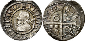 1637. Felipe IV. Barcelona. 1 croat. (AC. 662) (Cru.C.G. 4414e). Cospel ligeramente irregular. Preciosa pátina. Escasa así. 3,14 g. EBC.

1637. Feli...