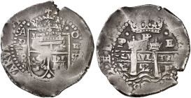 1652. Felipe IV. Potosí. E. 8 reales. (AC. 1497, mismo ejemplar) (Paoletti 259) (Mc Lean A-VII). Triple fecha y triple ensayador. Un ejemplar magnífic...