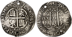 1671. Carlos II. Potosí. E. 8 reales. (AC. 667) (Lázaro 186). Redonda. Tipo galano. Seis olas en reverso, la P de la ceca sobre el seno de la ola. Per...