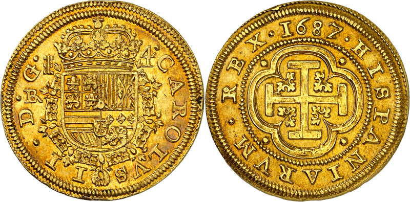 1687/3. Carlos II. Segovia. BR. 4 escudos. (AC. 951). Sin el escusón de Portugal...