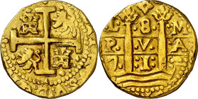 1717. Felipe V. Lima. M. 8 escudos. (AC. 2127) (Cal.Onza 256 var). L-8-M/P-V-A/7-1-7. Florón sobre el valor. Nombre del rey visible. Extraordinaria. M...