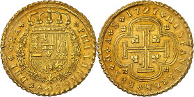 1727. Felipe V. Madrid. A. 8 escudos. (AC. 2184) (Cal.Onza 370). Último año de tipo "Cruz". Rayita. Precioso color. Moneda exenta del pago de tasas de...