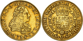 1735/4. Felipe V. México. MF. 8 escudos. (AC. 2233) (Cal.Onza 427). Pátina de monetario. Moneda exenta del pago de tasas de exportación. This coin is ...