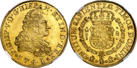 1741. Felipe V. México. MF. 8 escudos. (AC. 2243) (Cal.Onza 437). En cápsula de la NGC como AU58, nº 6634463-011. Bella. Parte de brillo original. Muy...